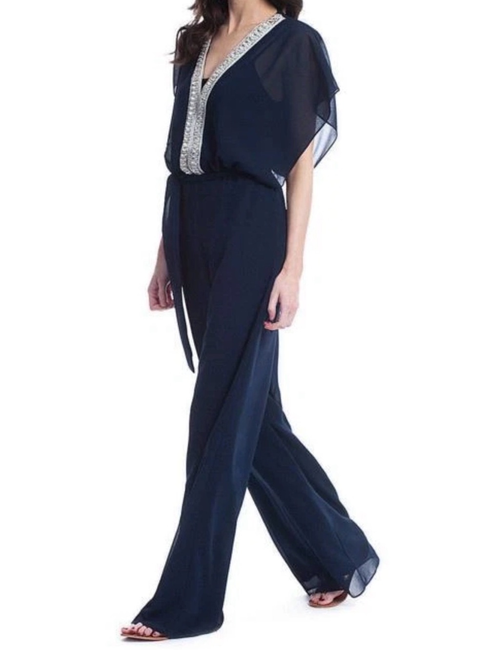 Belle Badgley Mischka Navy Jumpsuit with Silver Beaded V-Neck Size 2